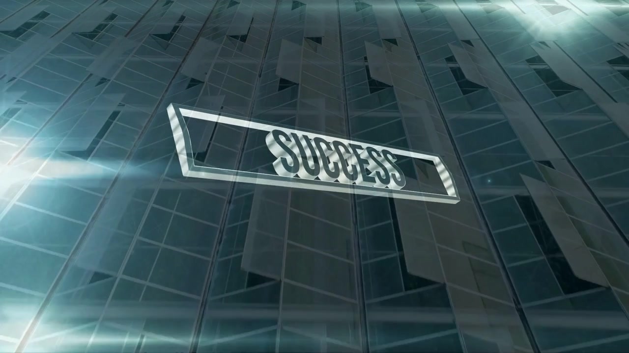 Glass SUCCESS panel rotating as camera pulling back, transforming metal lettering for architecture