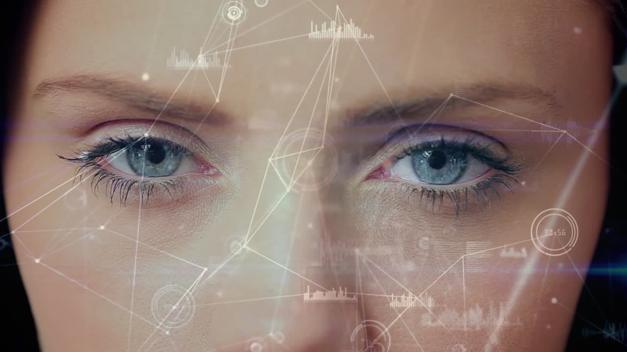 compuesto digital de un ojo de mujer mirando la tecnología blockchain