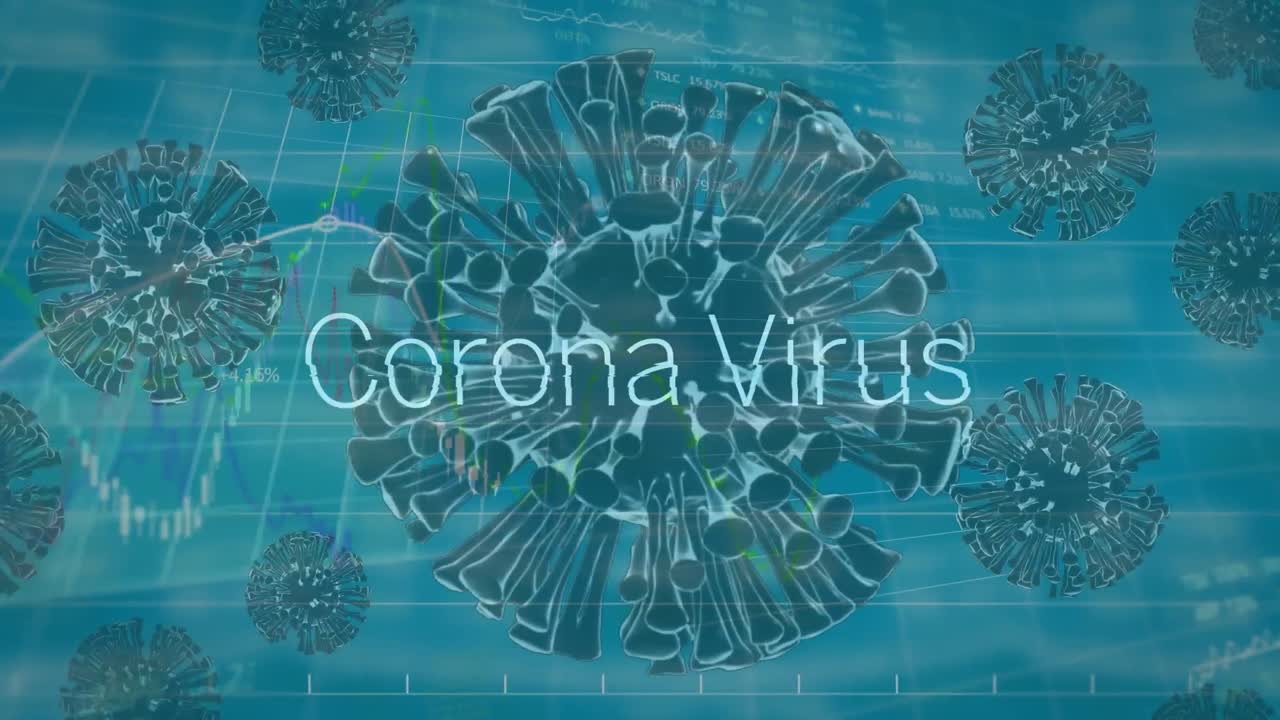 animación de la palabra coronavirus con células que se propagan y gráficos en el fondo