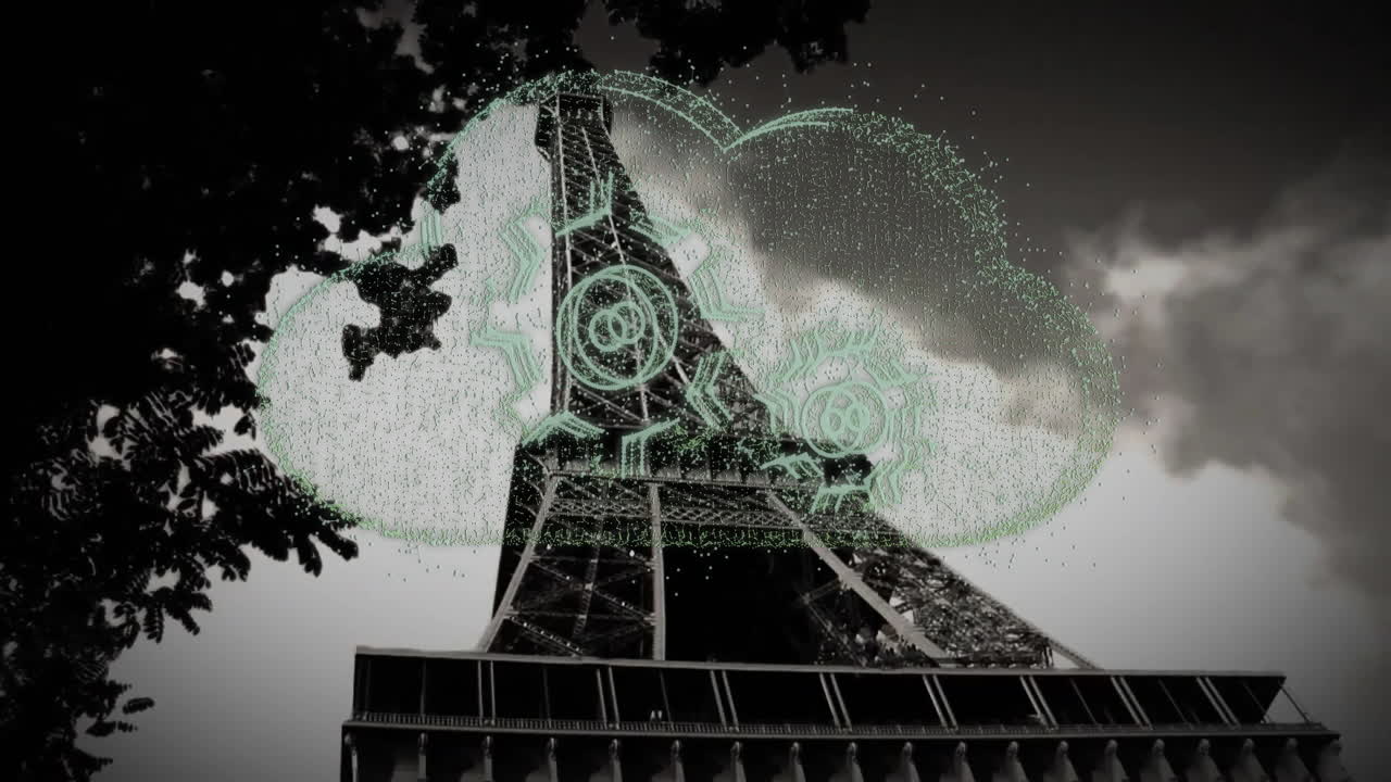 Eiffel Tower with digital cloud and gears animation overlaying structure