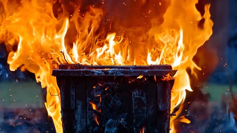 a trash can is on fire, with flames shooting out of it. the scene is chaotic and dangerous, with the fire spreading quickly and potentially causing harm to anyone nearby