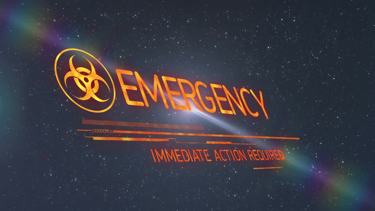 Una barra di dati scorre, facendo sbiadire il simbolo di rischio biologico e rivelando un testo di emergenza che pulsa per richiedere azione.