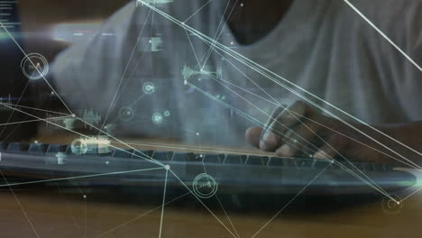 Typing on keyboard, person working with data processing animation over hands