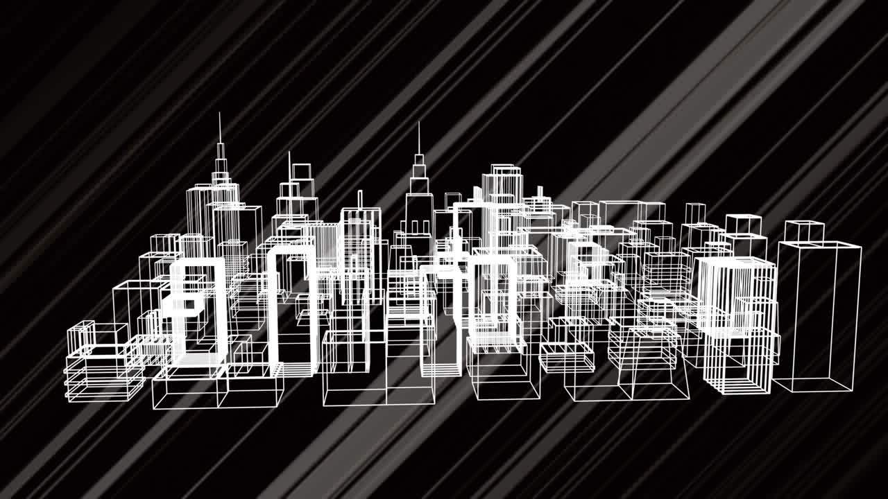 Animation of a 3D city model rotating on black background 