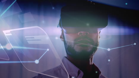 animación de la red de conexiones y pantallas sobre el hombre de negocios que usa auriculares vr
