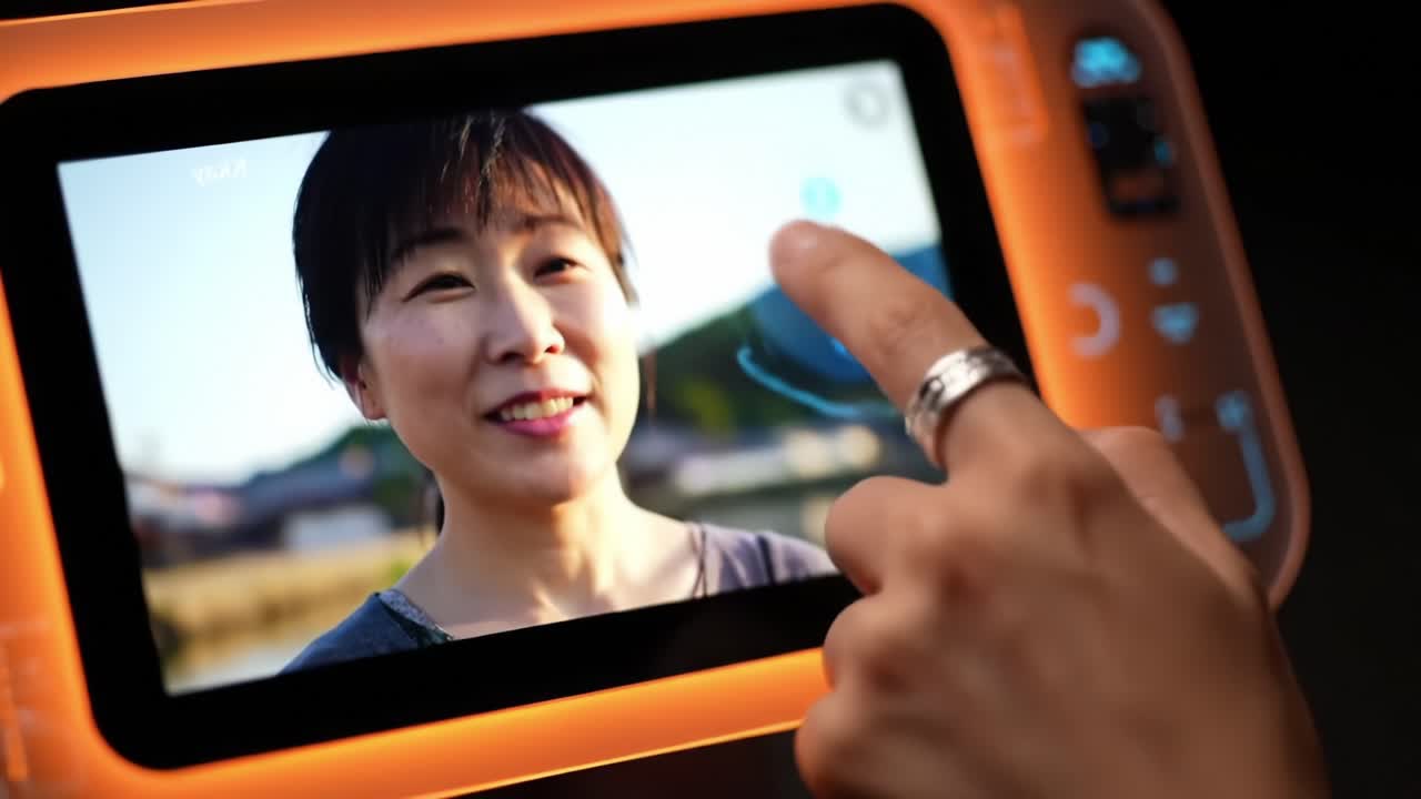 A User Interacting with an Innovative Touchscreen Device Featuring Facial Recognition Technology in a Calm Outdoor Setting