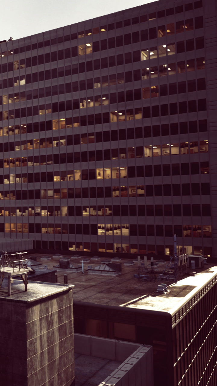 Office building and rooftop view during evening light in a city