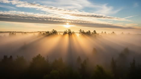 golden sun rays piercing through misty forest at dawn