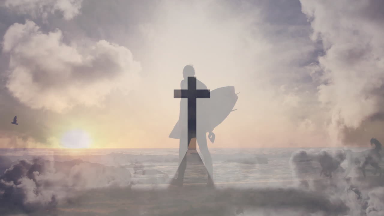 Holding cross, person silhouetted against ocean and cloudy sky at sunset