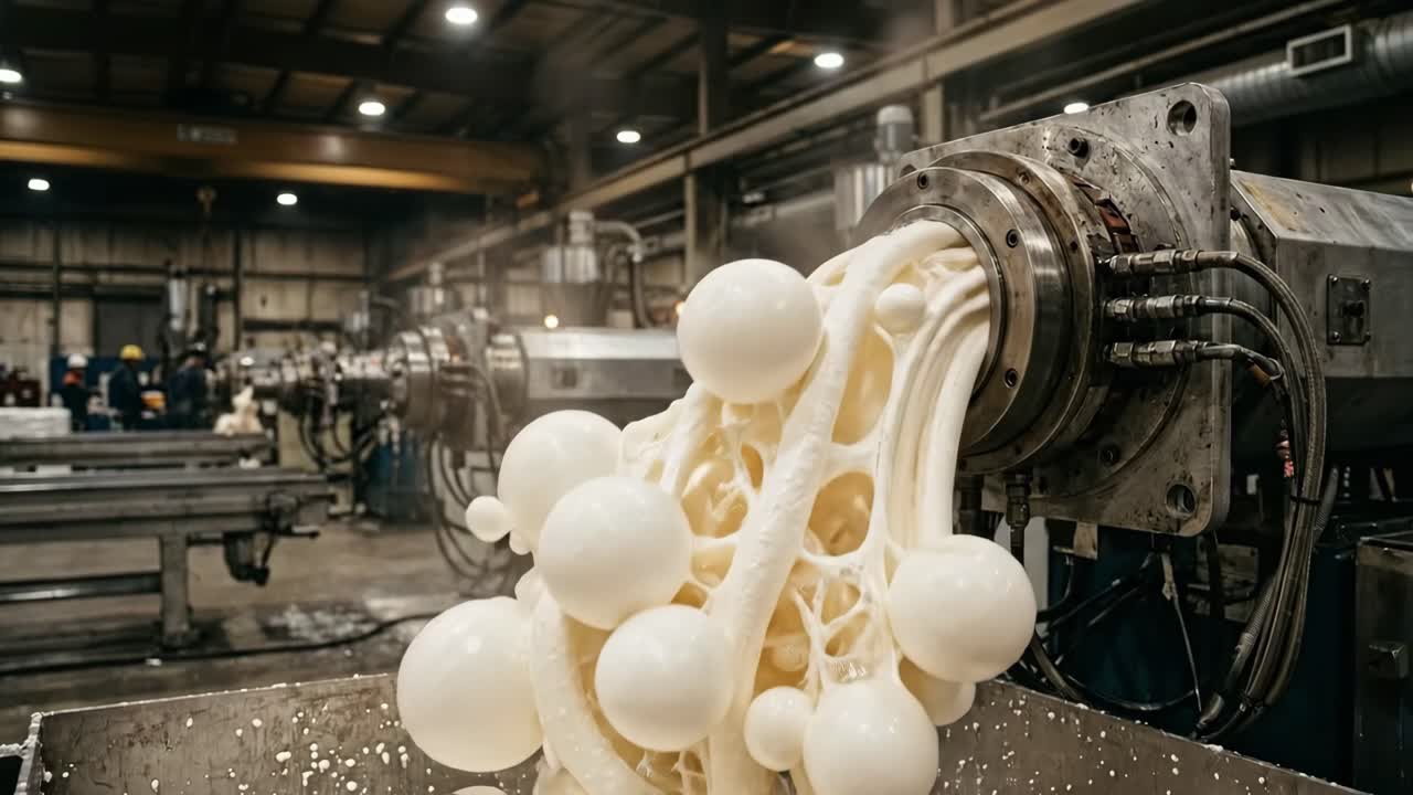Industriel maskine, der ekstruderer skummende hvidt materiale på en fabrik