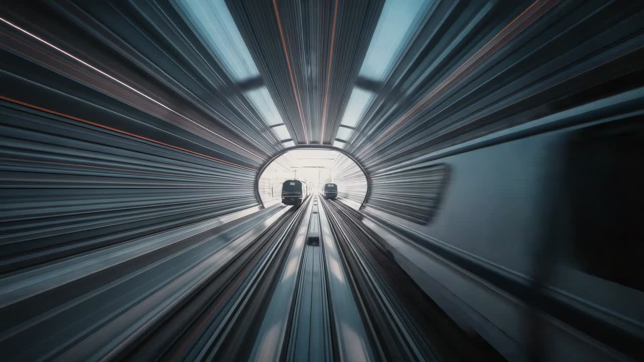 Entering tunnel, train speeding between metallic walls on twin rails, with oncoming train passing