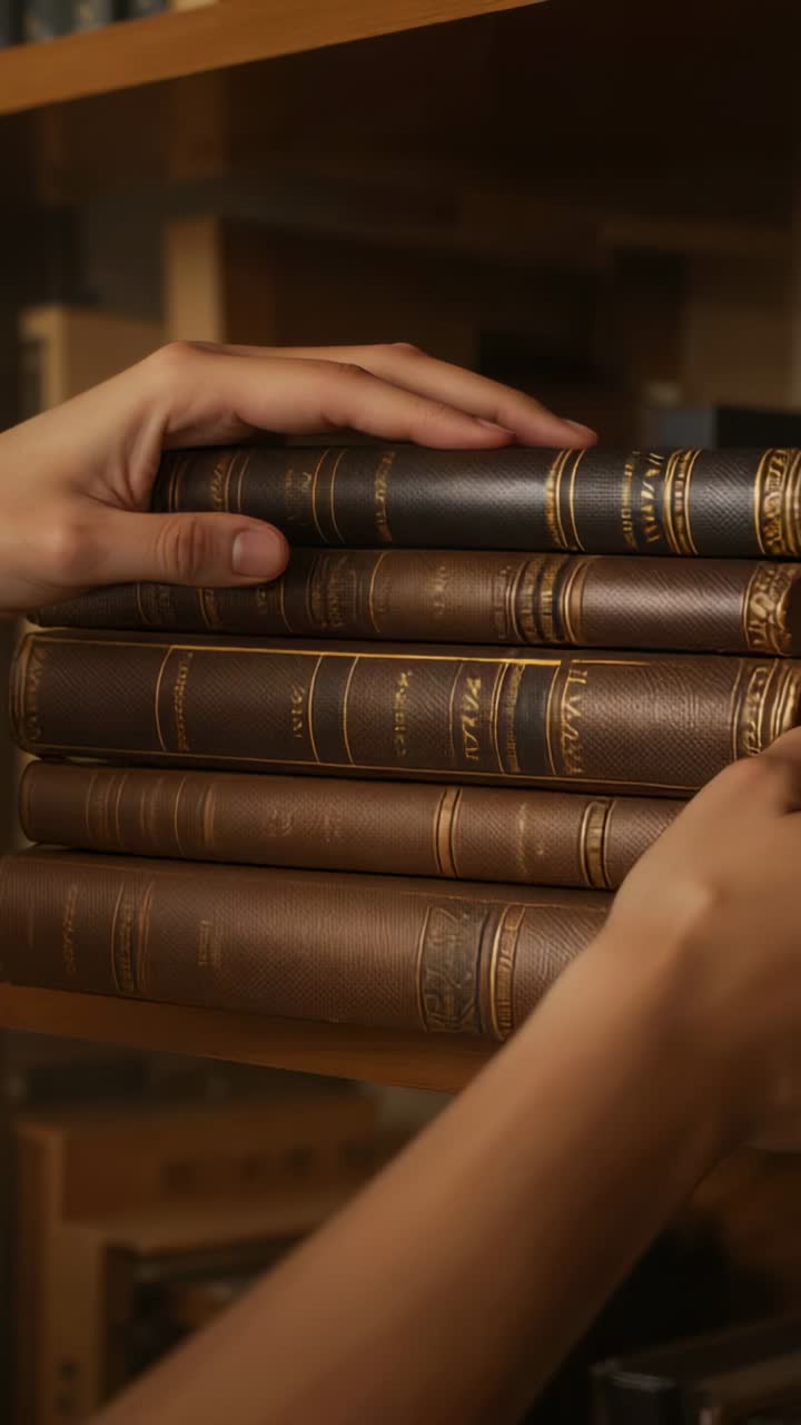 Vertical video: Hands entering bracing stack and sliding mid volume in study, checking gold spine