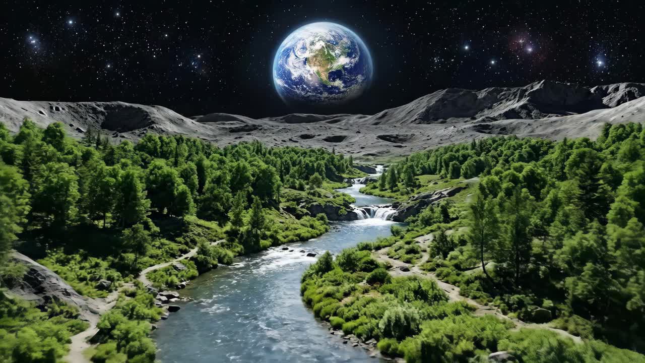 Paisagem Lunar Surreal com Floresta Verde, Rio e a Terra no Céu Noturno