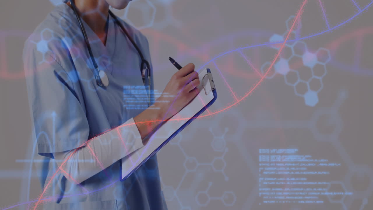 Animation of dna strand with data processing over african american female doctor taking notes
