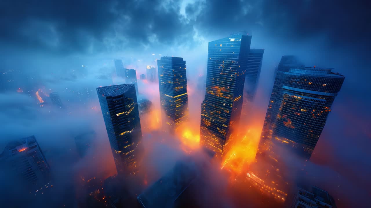 Mysterious Cityscape Aglow in Flames: A Stunning Aerial View of Towering Skyscrapers Engulfed by Enveloping Fog and Eerie, Fiery Illuminations at Dusk