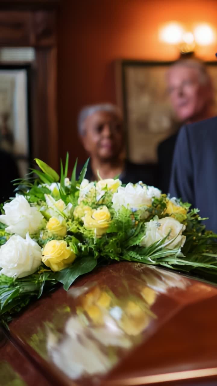 Un solenne addio con una bellissima composizione floreale che adorna una bara, catturando emozioni sentite e momenti di dolore delle persone riunite intorno