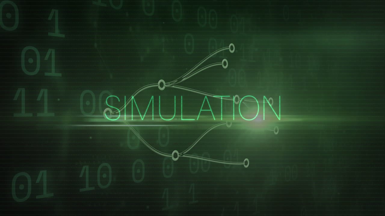 Glitch sweeping frame starting SIMULATION diagram animating nodes sliding light illuminating title