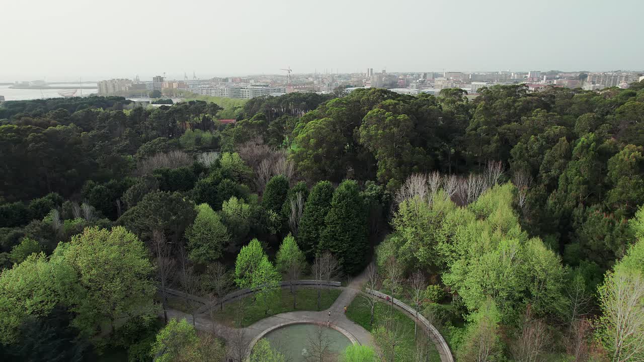 Expansive aerial panorama of Porto City Park captures the large scale of the urban oasis, showcasing the diversity of the lush green canopy, the tranquil Lago do Parque da Cidade