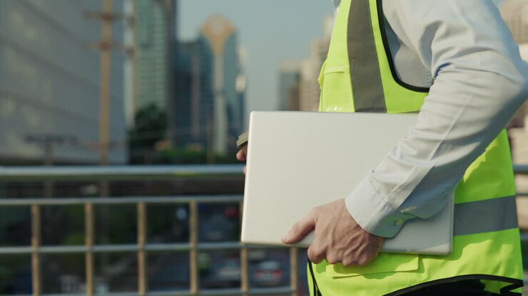Engineer with laptop and coffee in the city