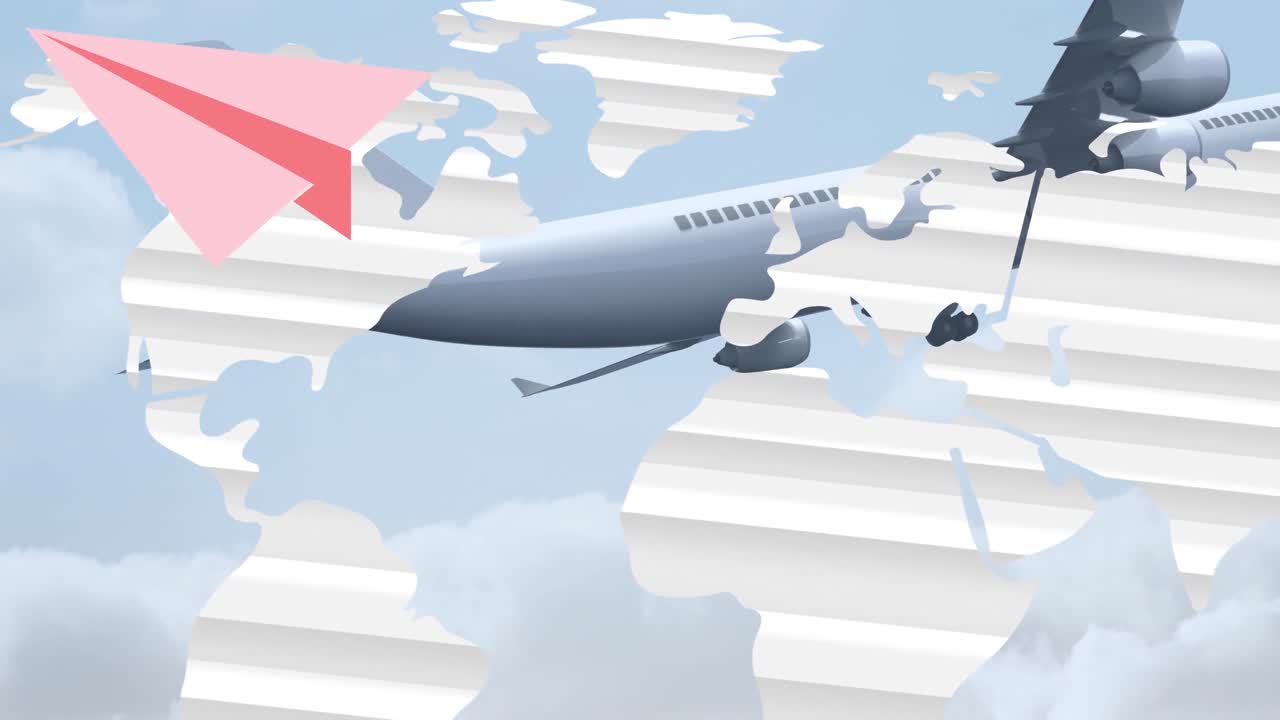 세계 지도 위의 비행기의 애니메이션