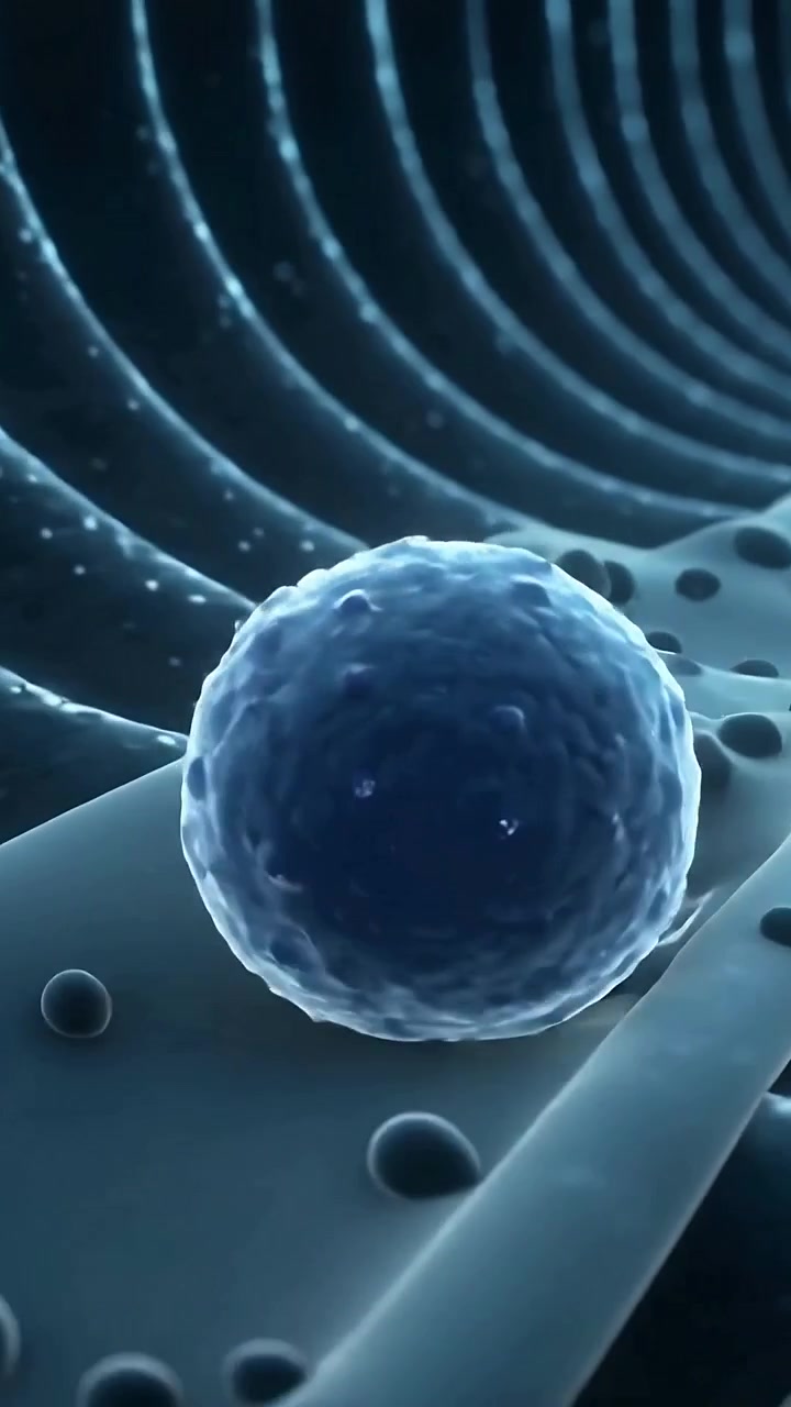 Video verticale: cellula blu fluttuante che scivola in un canale con perline, formando una coda al contatto con il pavimento.