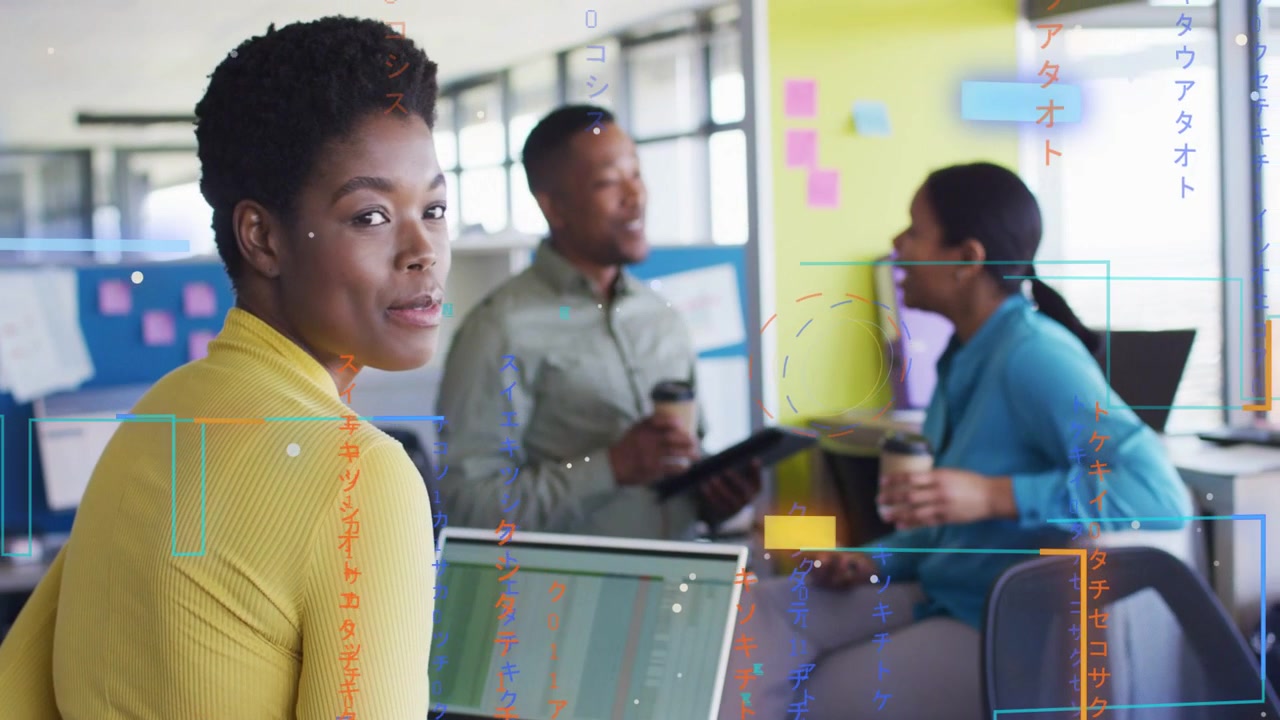 Woman in yellow top raising hand, using laptop and leading business meeting with UI overlays moving