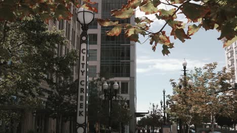 Outside-sign-of-The-City-Creek-Center-shopping-center,-located-near-Temple-Square-in-downtown-Salt-Lake-City,-Utah,-United-States