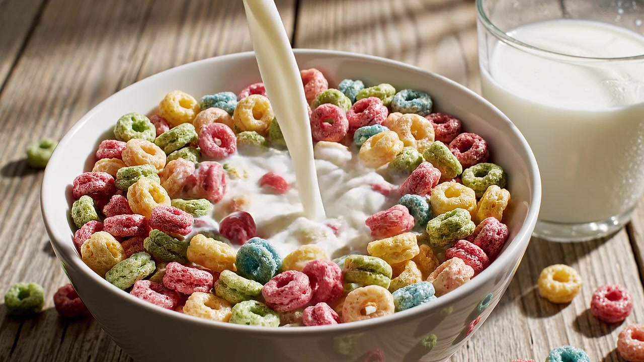 Latte versato in una ciotola bianca di cereali ad anello colorati.