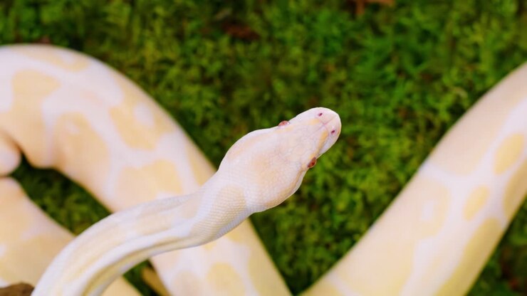 A slow-motion shot of a white python, with a detailed view of its head and body on grass