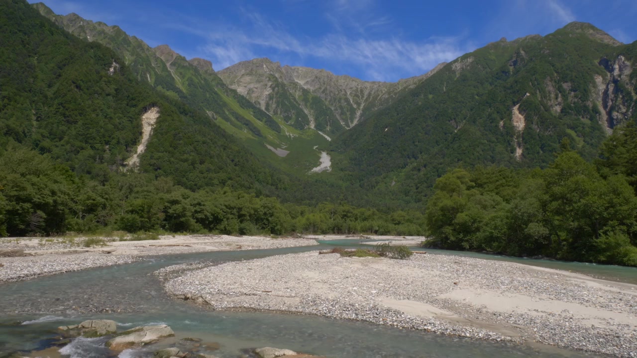 Hotaka-vuoristo Azusa-joki etualalla. Kamikochin laakso Naganossa, Japanissa. Laaja ylöspäin kallistuva kuva.
