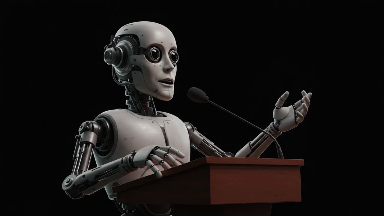 A humanoid robot passionately delivers a speech at a podium, showcasing advanced robotics and lifelike articulation in a futuristic setting