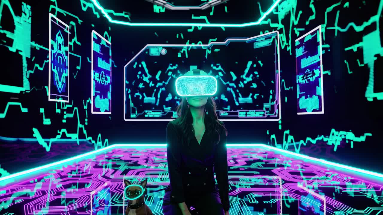 Woman wearing VR headset in a futuristic neon room with a dog