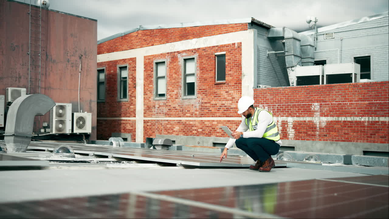 Engineer Inspecting Solar Panels on Rooftop