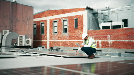 engineer inspecting solar panels on rooftop