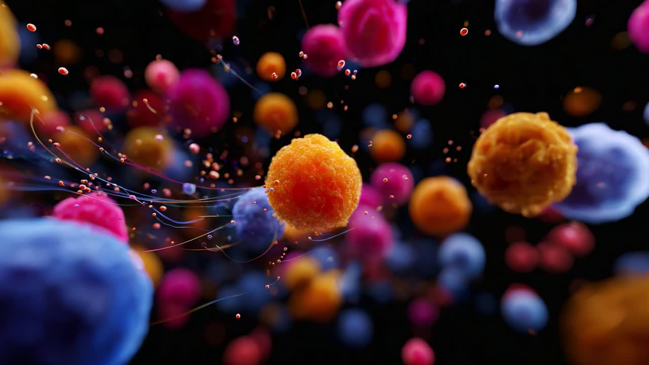 Rappresentazione visiva dinamica di cellule microbiche colorate in movimento, che cattura l'essenza della diversità biologica e delle interazioni in un regno microscopico
