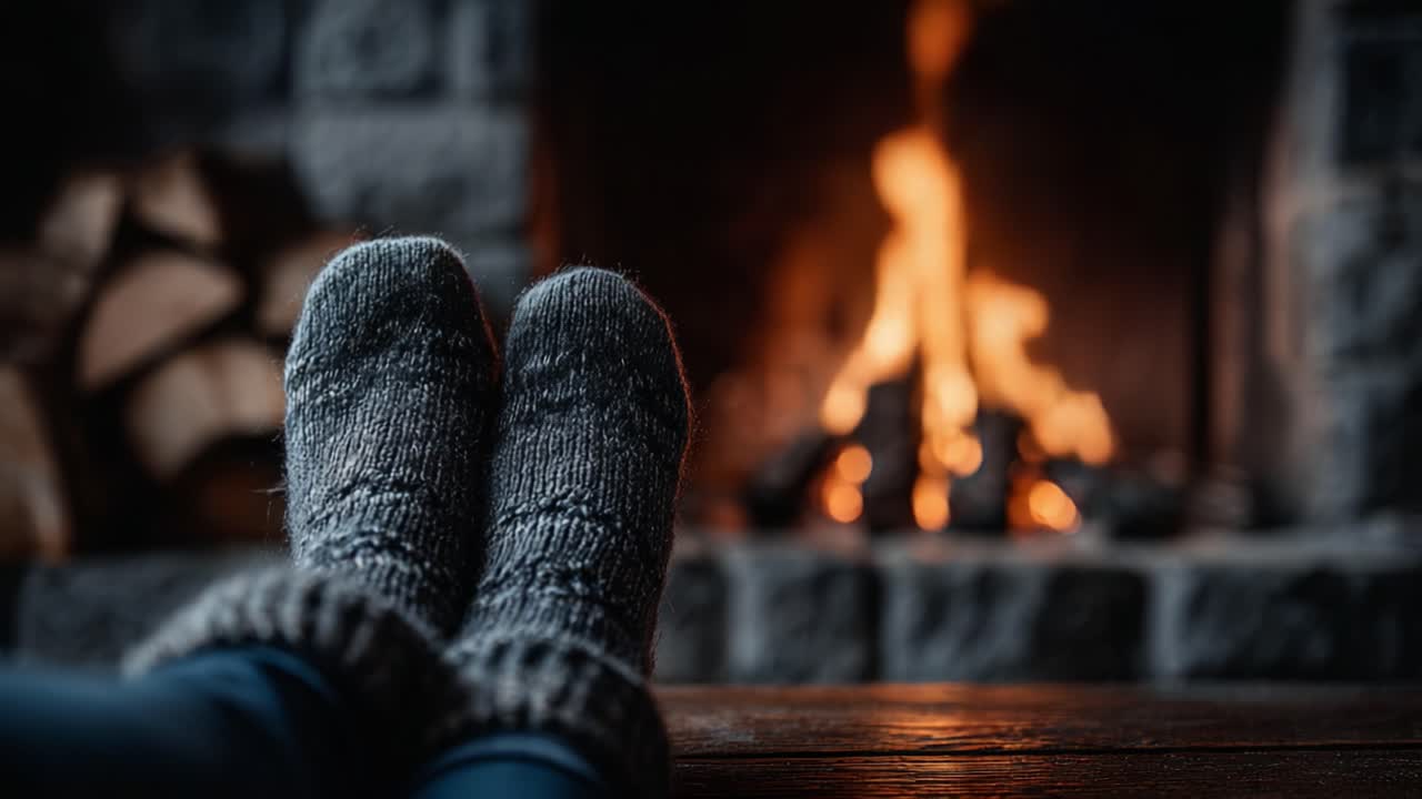 Cozy Comfort by the Fire: A Warm and Inviting Scene with Snuggly Socks and a Flickering Fireplace, Perfect for Relaxation and Tranquility