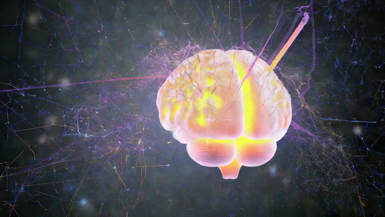 Rotating brain model in digital space, emerging electrode contacting cortex, pulsing network fibers