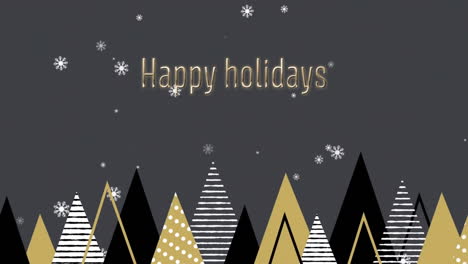 animation of happy holidays text over christmas trees in winter scenery