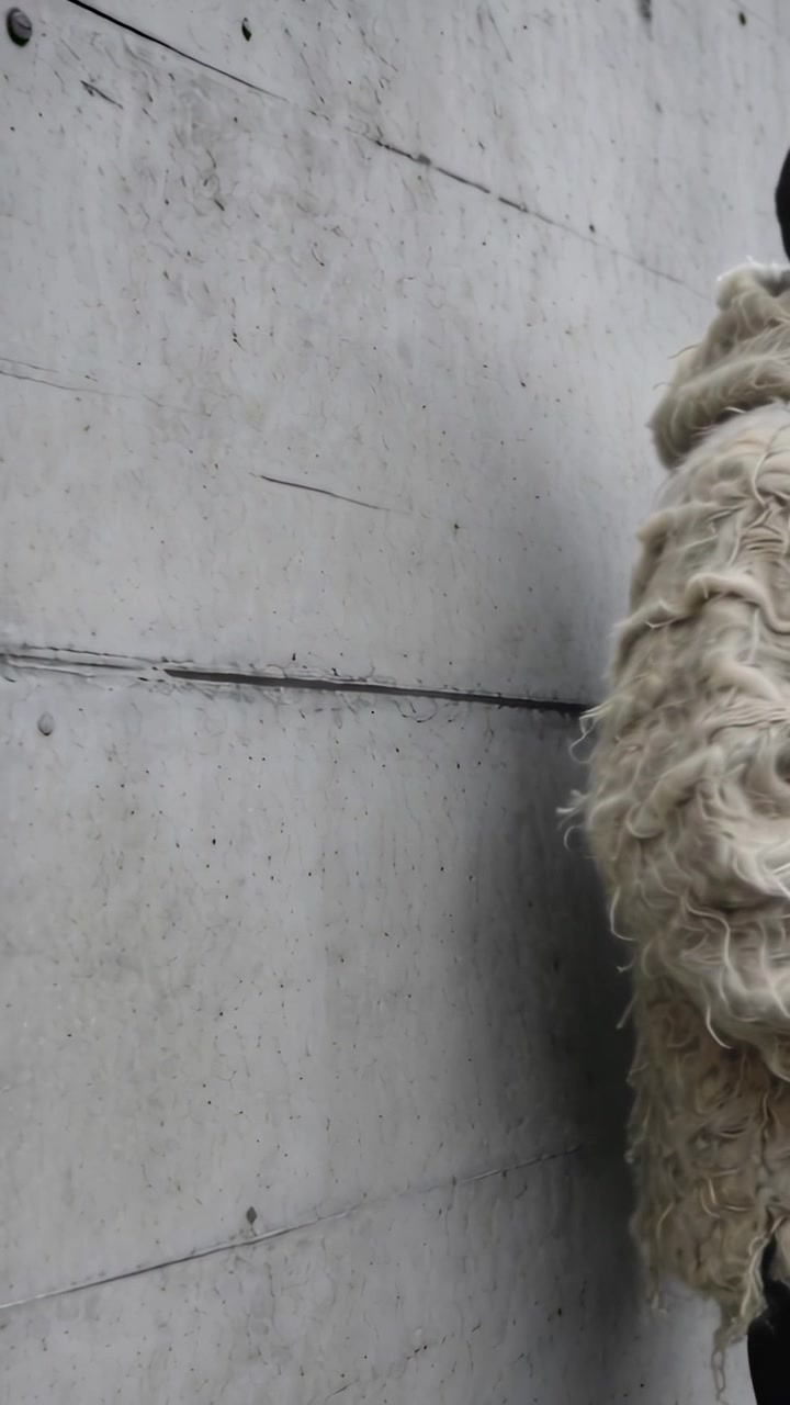 Vertical video: Fourth frame cueing man in shaggy cream coat walking past concrete wall, copy space