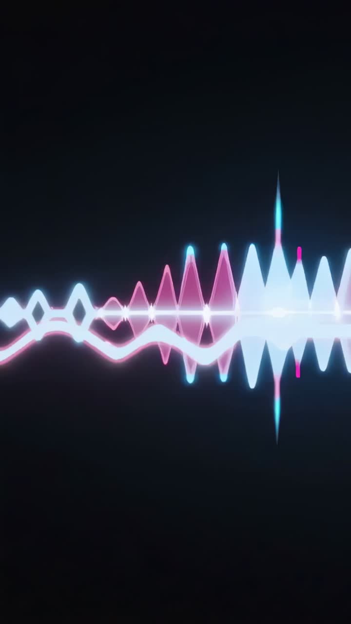 Vertical video: Pulsing neon waveform shifting right on dark, glow line reacting to soundtrack