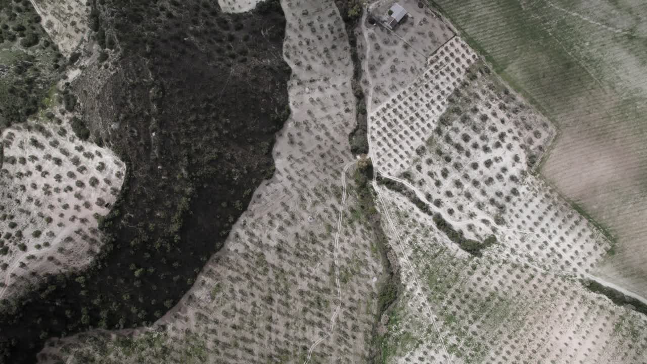 Top-down 4K aerial view of Olvera, Spain, filmed with a DJI drone at 30fps. A stunning cinematic shot capturing the vast meadows and natural beauty of the Spanish countryside.