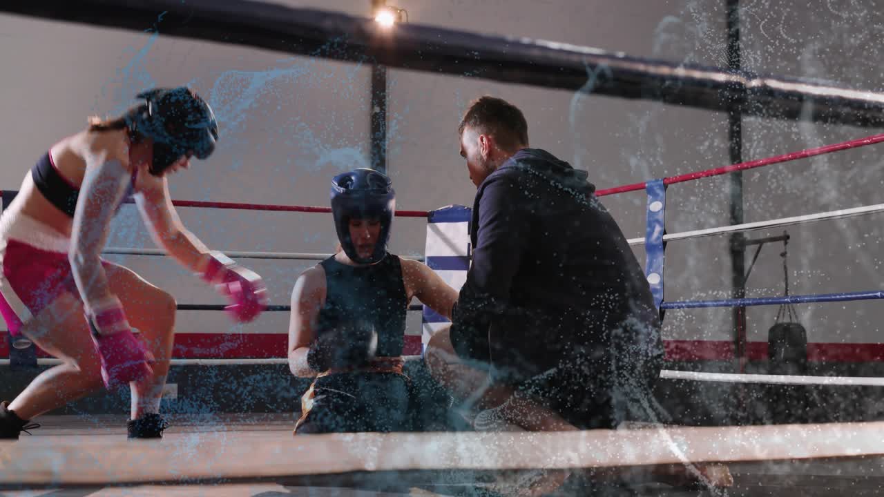 Boxer kneeling after hit, coach checking while rival crouching touching helmet, blue smoke overlay