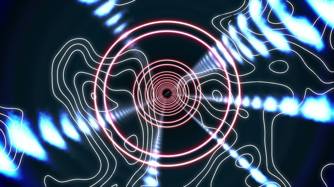 animación de líneas blancas y círculos brillantes girando en un túnel de luces brillantes