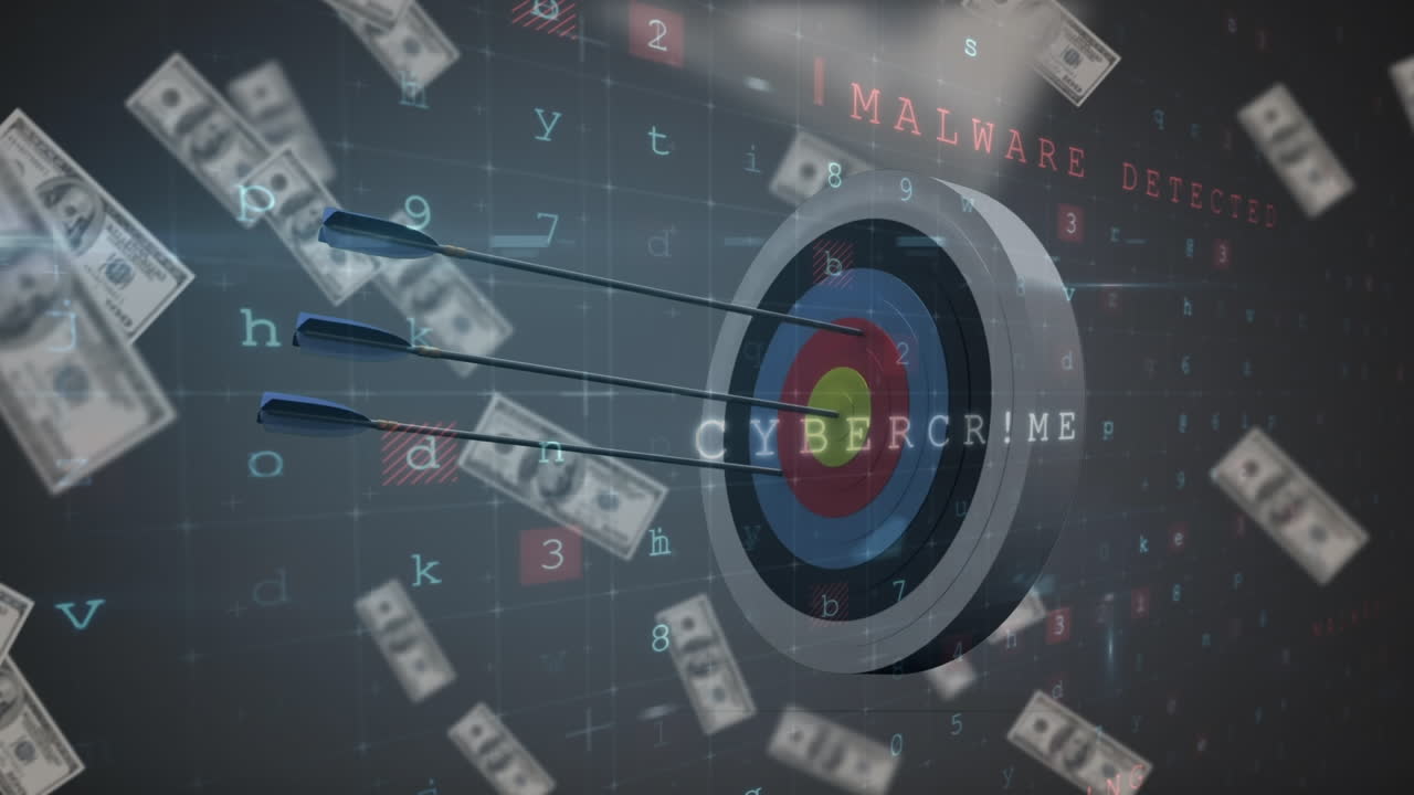 animación del procesamiento de datos en movimiento sobre el escudo y el billete que cae