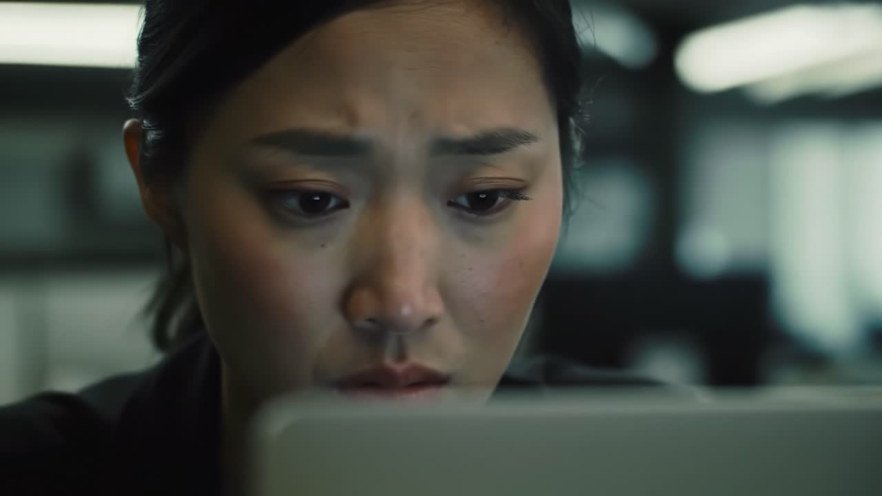 A woman sits at her desk in a dimly lit office, staring intently at her laptop screen. Her facial expressions reflect concentration and concern as she navigates a critical task late at night.
