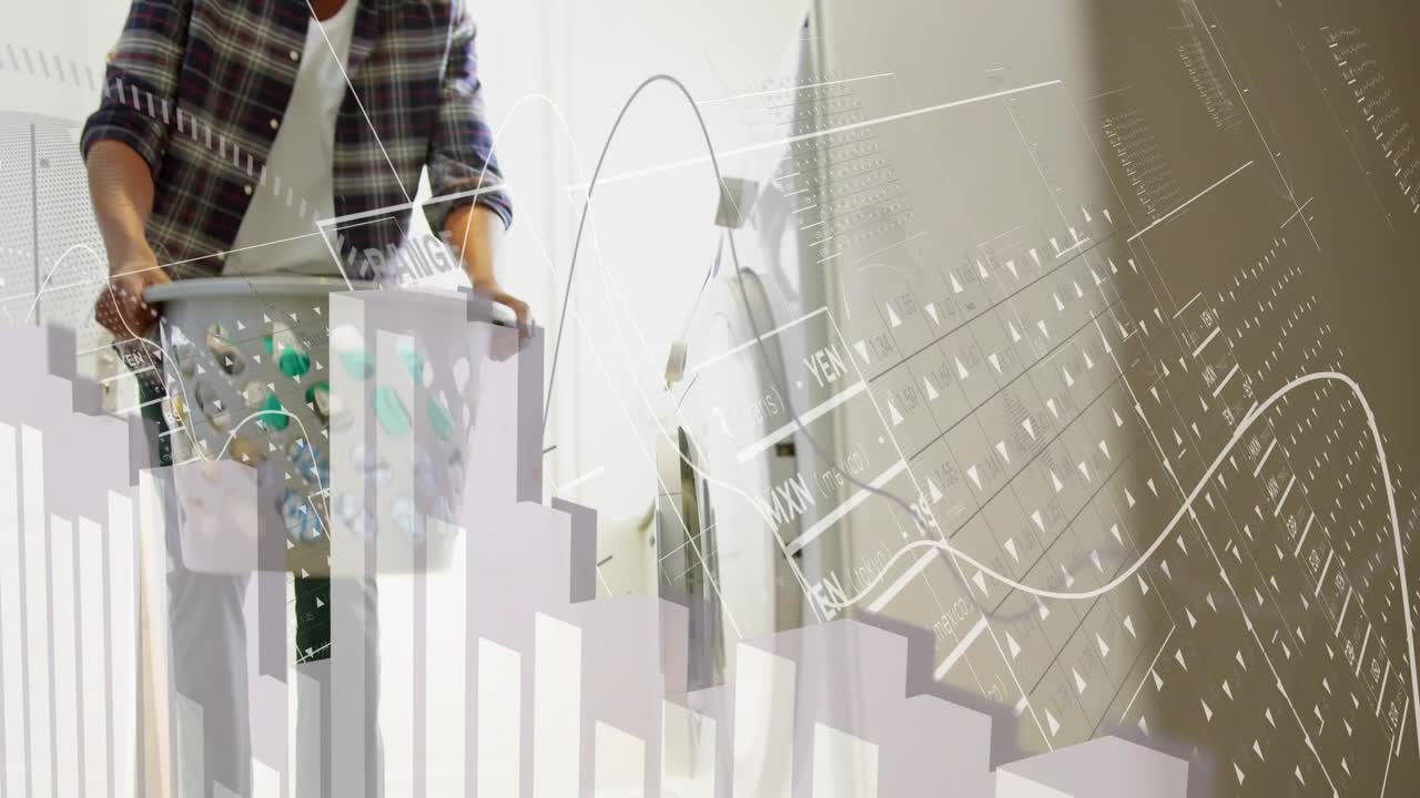 Camera rising man holding basket coming to washer, HUD mapping load around door while loading