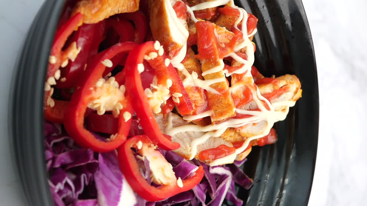 Chicken Salad Bowl with Red Peppers and Cabbage