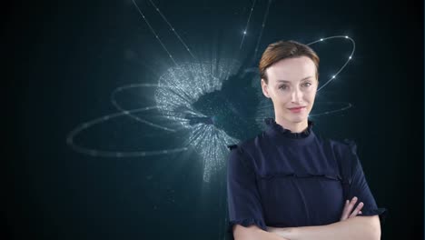 animation of  caucasian woman looking determined over a globe of shining dots spinning