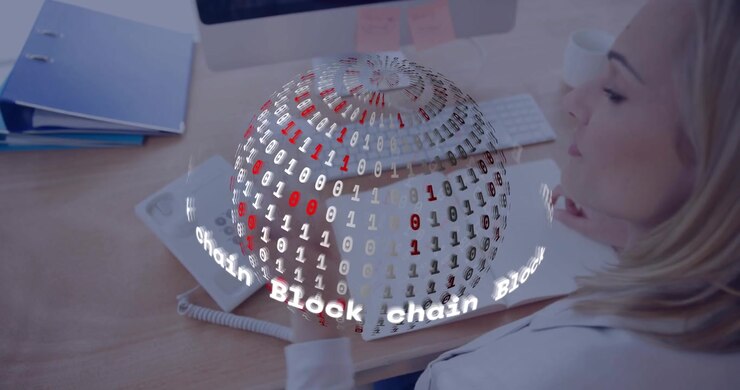 upon blockchain globe materializing overhead, desk worker pivoting and lifting telephone handset