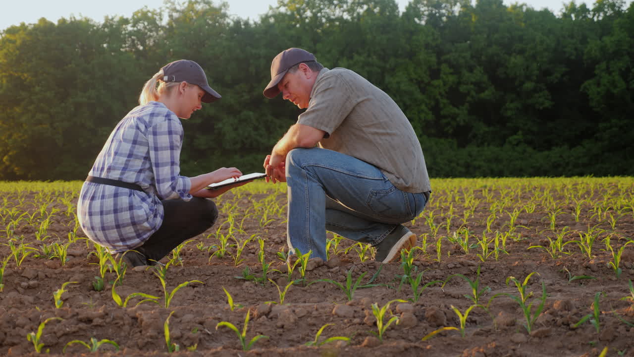 un hombre y una mujer trabajan en el campo miran los brotes verdes usan la tableta contra el backgro